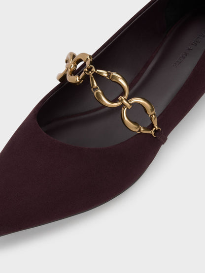 CHARLES & KEITH Popular / Faux Suede Metallic-Accent Ballet Flats - Burgundy