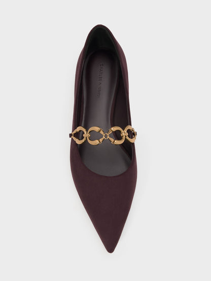 CHARLES & KEITH Popular / Faux Suede Metallic-Accent Ballet Flats - Burgundy