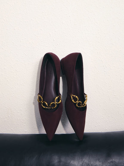 CHARLES & KEITH Popular / Faux Suede Metallic-Accent Ballet Flats - Burgundy