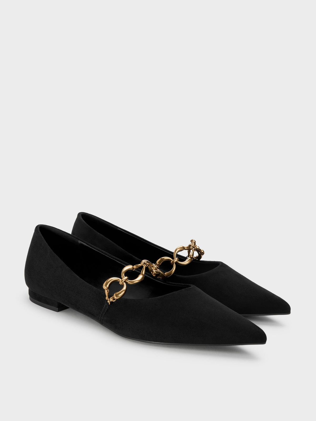 CHARLES & KEITH Recommended / Faux Suede Metallic-Accent Ballet Flats - Black Textured
