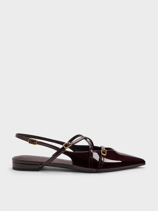 CHARLES & KEITH Hot Sale / Maybelle Patent Strappy Slingback Flats - Burgundy