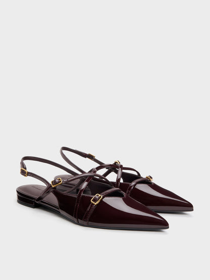 CHARLES & KEITH Hot Sale / Maybelle Patent Strappy Slingback Flats - Burgundy