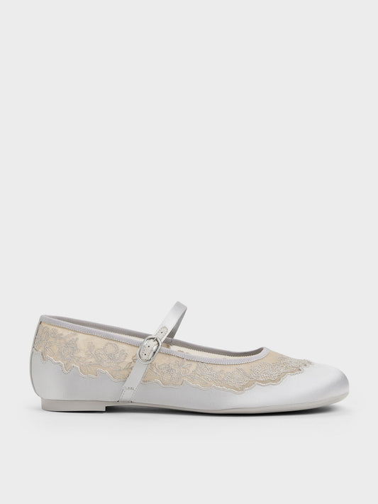 CHARLES & KEITH Recommended / Satin Embroidered-Mesh Mary Jane Flats - Silver