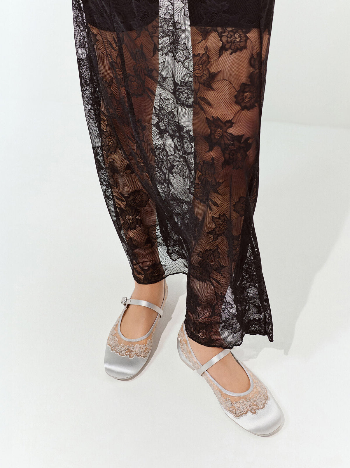 CHARLES & KEITH Recommended / Satin Embroidered-Mesh Mary Jane Flats - Silver