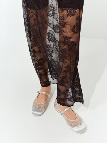 CHARLES & KEITH Recommended / Satin Embroidered-Mesh Mary Jane Flats - Silver