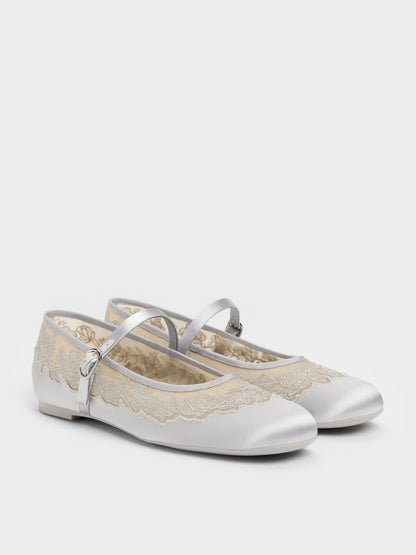 CHARLES & KEITH Recommended / Satin Embroidered-Mesh Mary Jane Flats - Silver