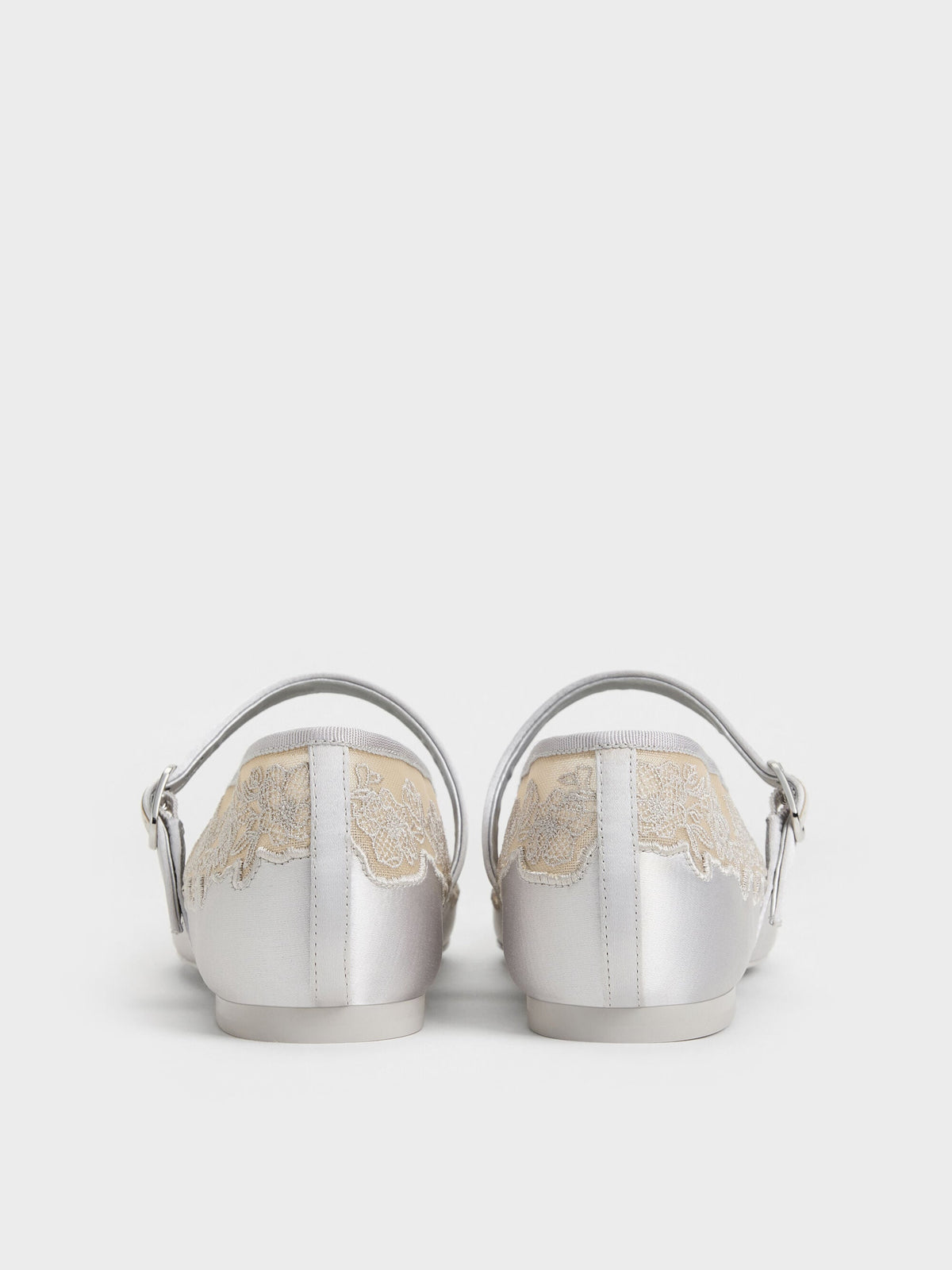 CHARLES & KEITH Recommended / Satin Embroidered-Mesh Mary Jane Flats - Silver