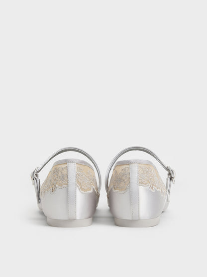 CHARLES & KEITH Recommended / Satin Embroidered-Mesh Mary Jane Flats - Silver