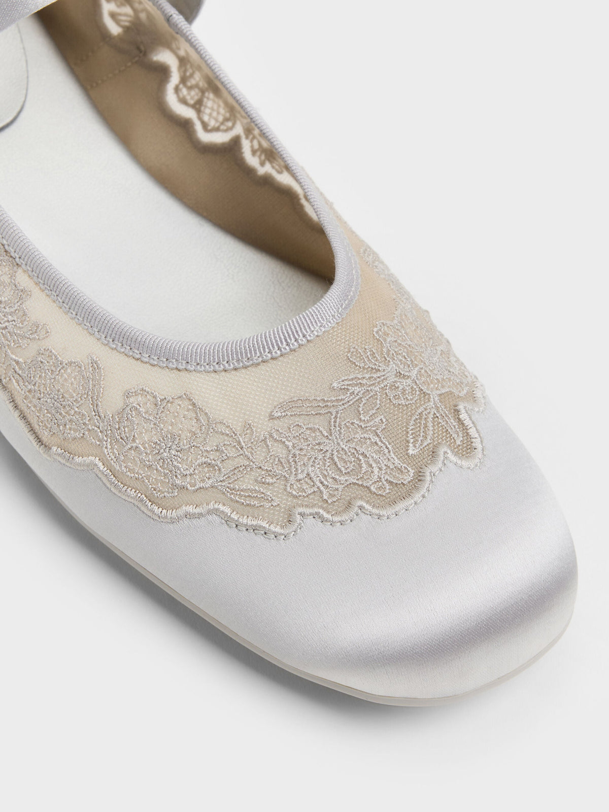 CHARLES & KEITH Recommended / Satin Embroidered-Mesh Mary Jane Flats - Silver