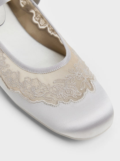 CHARLES & KEITH Recommended / Satin Embroidered-Mesh Mary Jane Flats - Silver