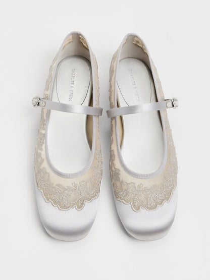 CHARLES & KEITH Recommended / Satin Embroidered-Mesh Mary Jane Flats - Silver