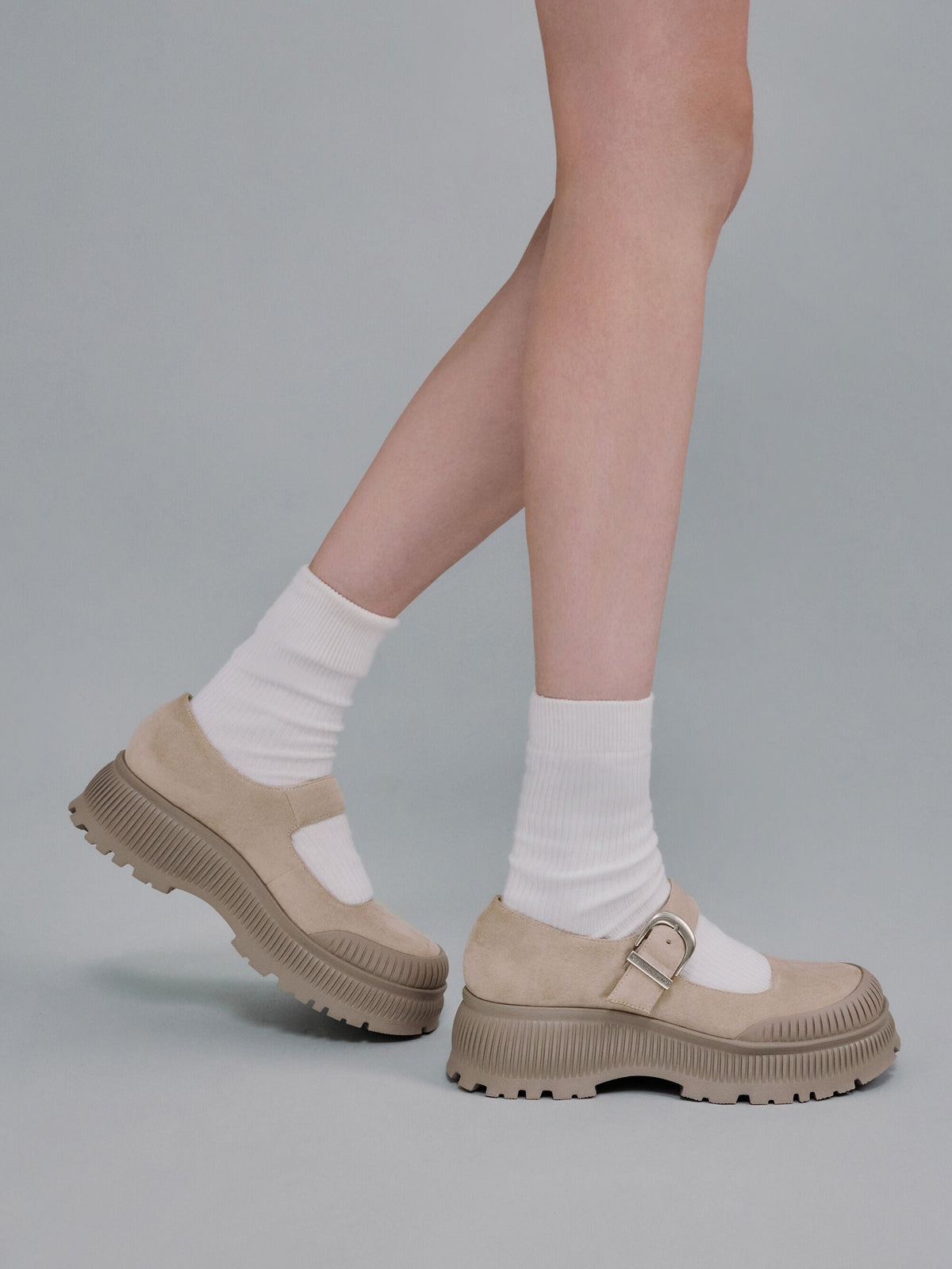 CHARLES & KEITH Exclusive / Darra Faux Suede Platform Mary Janes - Beige