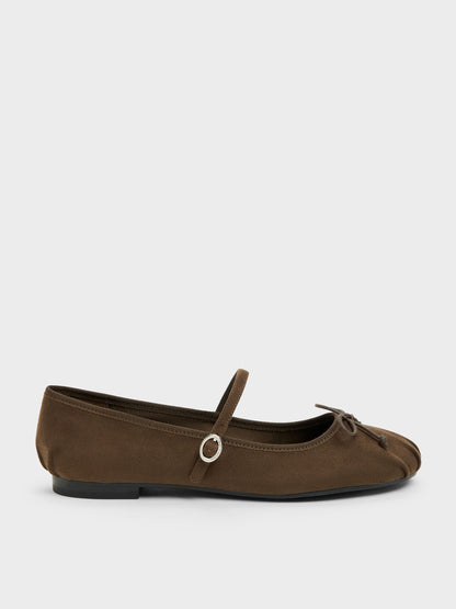 CHARLES & KEITH Customer Favorite / Emiko Faux Suede Bow Mary Jane Flats - Chocolate Textured
