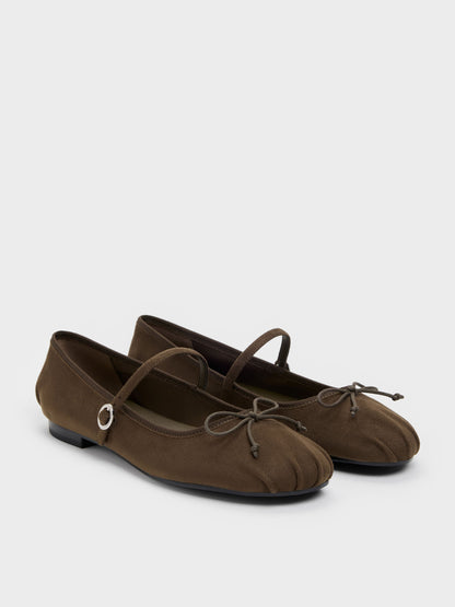 CHARLES & KEITH Customer Favorite / Emiko Faux Suede Bow Mary Jane Flats - Chocolate Textured