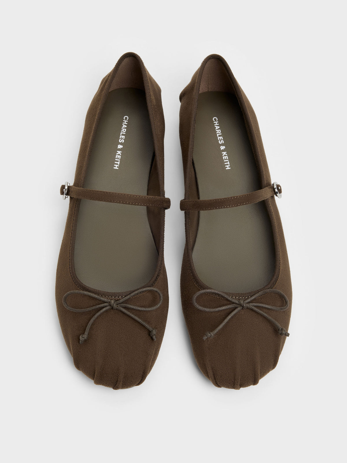 CHARLES & KEITH Customer Favorite / Emiko Faux Suede Bow Mary Jane Flats - Chocolate Textured