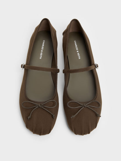 CHARLES & KEITH Customer Favorite / Emiko Faux Suede Bow Mary Jane Flats - Chocolate Textured