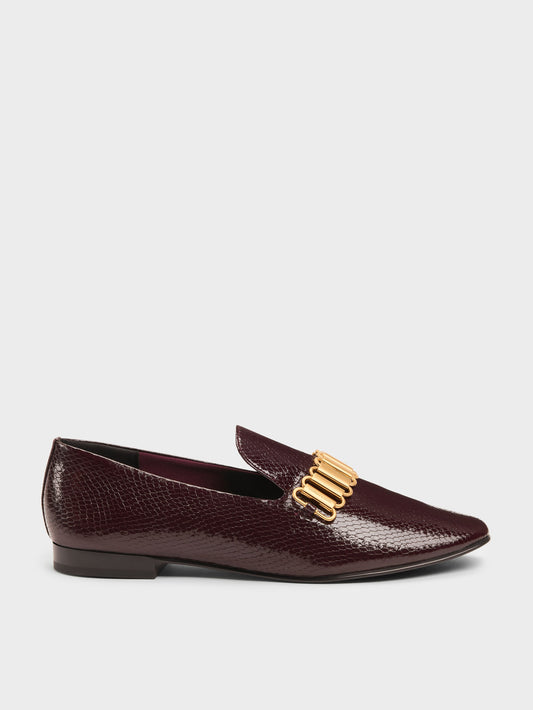CHARLES & KEITH Classic / Snake-Print Metallic-Accent Loafers - Animal Print Burgundy