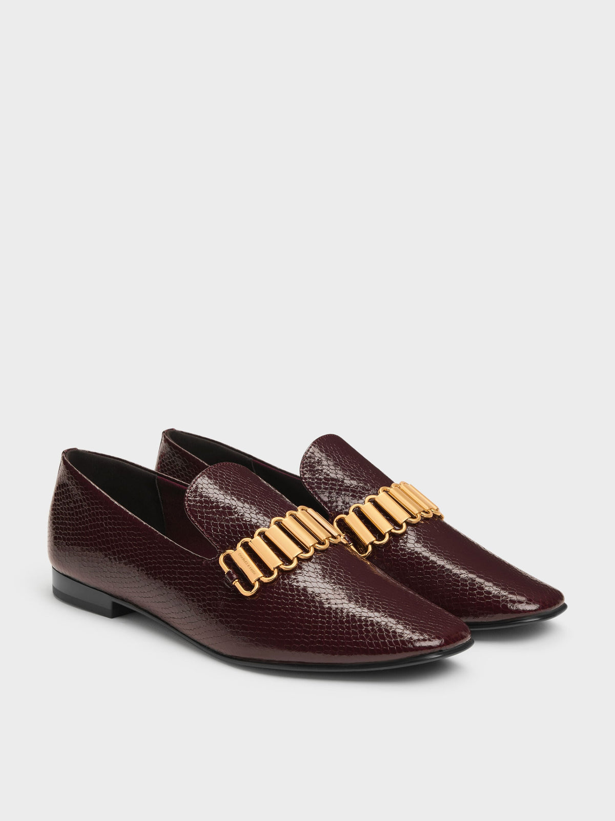 CHARLES & KEITH Classic / Snake-Print Metallic-Accent Loafers - Animal Print Burgundy