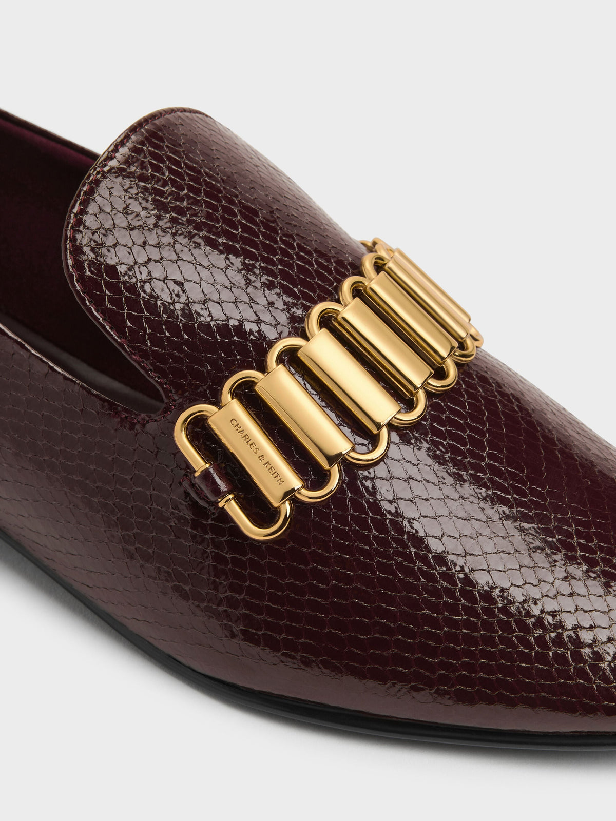 CHARLES & KEITH Classic / Snake-Print Metallic-Accent Loafers - Animal Print Burgundy