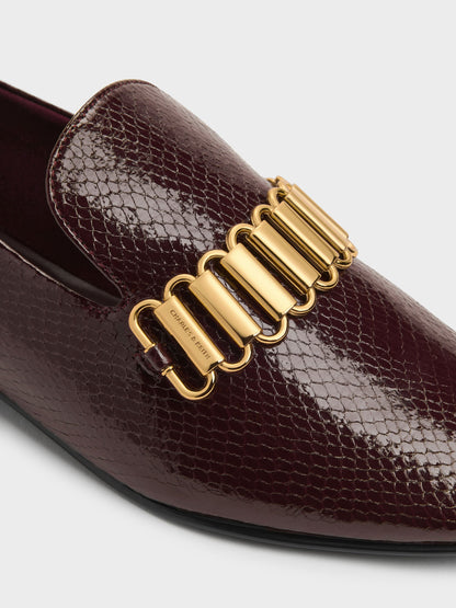 CHARLES & KEITH Classic / Snake-Print Metallic-Accent Loafers - Animal Print Burgundy
