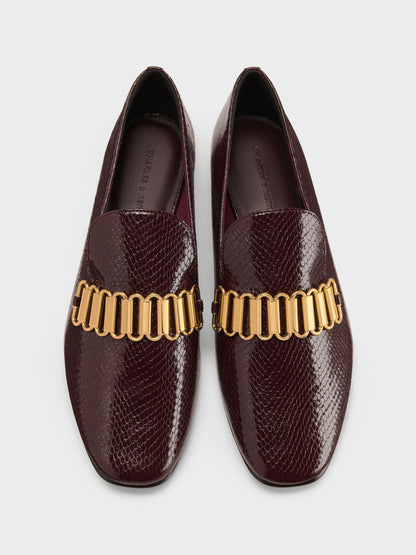 CHARLES & KEITH Classic / Snake-Print Metallic-Accent Loafers - Animal Print Burgundy