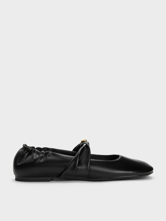 CHARLES & KEITH Essential / Metallic-Accent Twist-Strap Mary Jane Flats - Black
