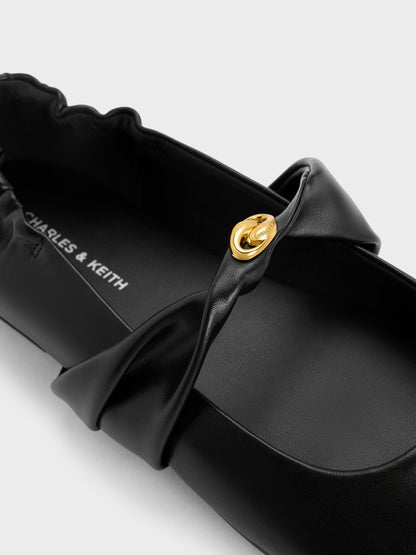 CHARLES & KEITH Essential / Metallic-Accent Twist-Strap Mary Jane Flats - Black