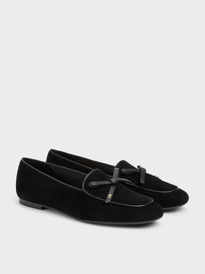 CHARLES & KEITH Latest / Leather & Suede Bow Loafers - Black Textured