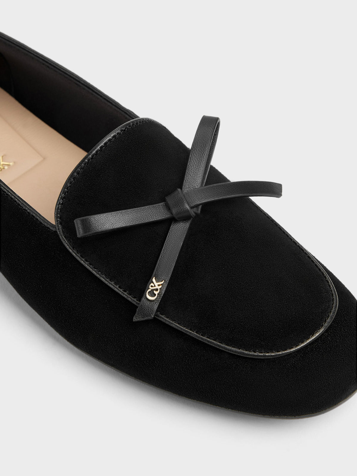 CHARLES & KEITH Latest / Leather & Suede Bow Loafers - Black Textured
