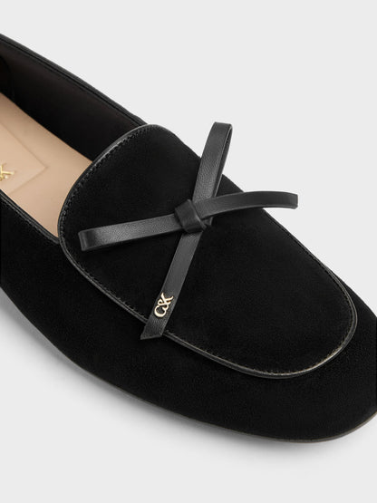 CHARLES & KEITH Latest / Leather & Suede Bow Loafers - Black Textured