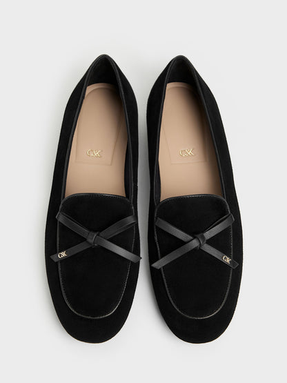 CHARLES & KEITH Latest / Leather & Suede Bow Loafers - Black Textured