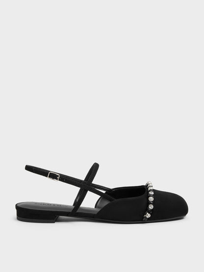 CHARLES & KEITH Quality / Faux Suede Crystal Slingback Flats - Black Textured