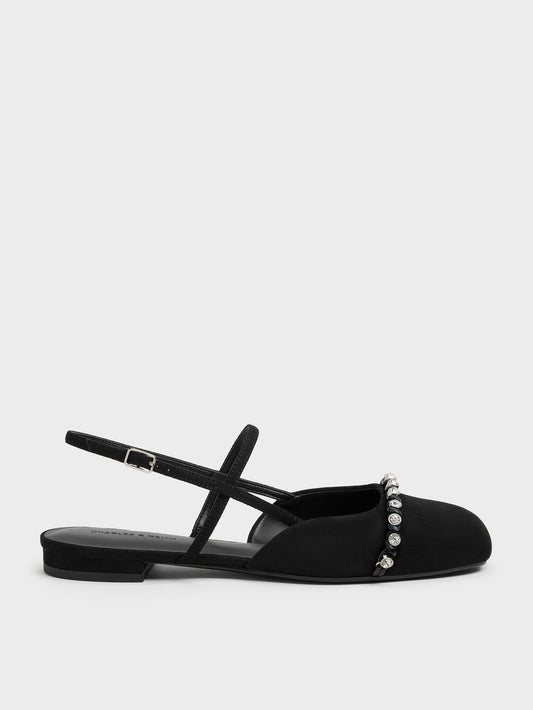 CHARLES & KEITH Quality / Faux Suede Crystal Slingback Flats - Black Textured