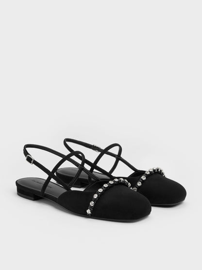 CHARLES & KEITH Quality / Faux Suede Crystal Slingback Flats - Black Textured