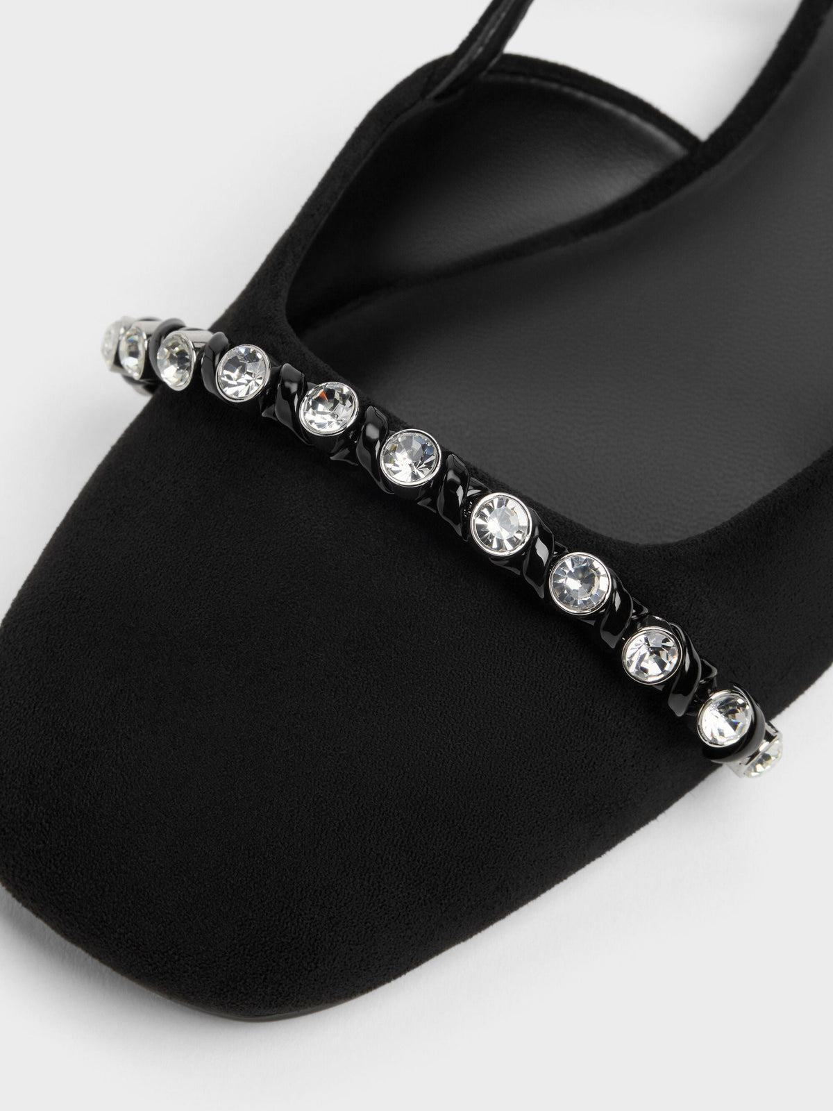 CHARLES & KEITH Quality / Faux Suede Crystal Slingback Flats - Black Textured