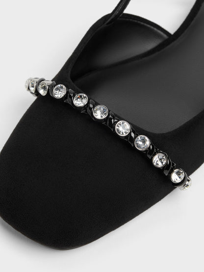 CHARLES & KEITH Quality / Faux Suede Crystal Slingback Flats - Black Textured