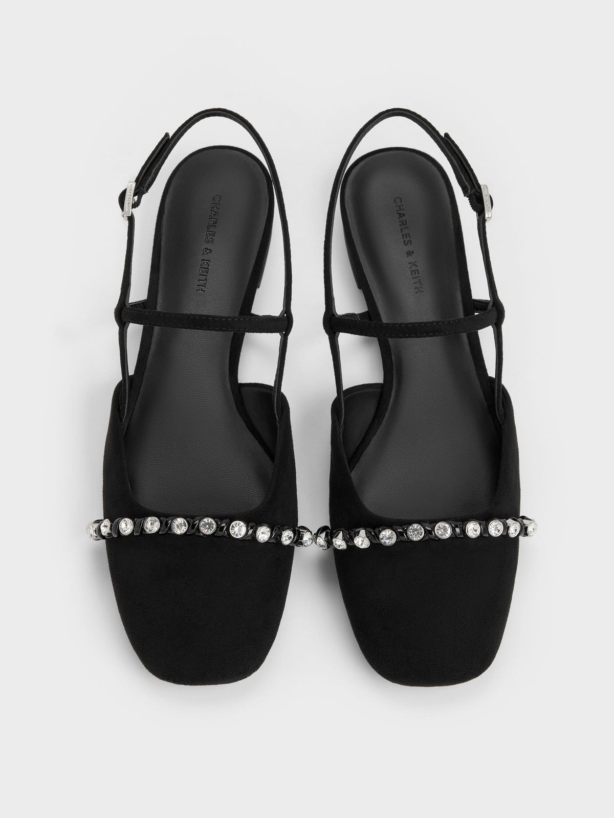 CHARLES & KEITH Quality / Faux Suede Crystal Slingback Flats - Black Textured