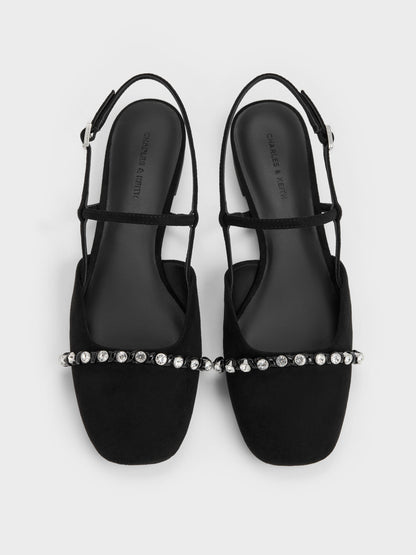 CHARLES & KEITH Quality / Faux Suede Crystal Slingback Flats - Black Textured