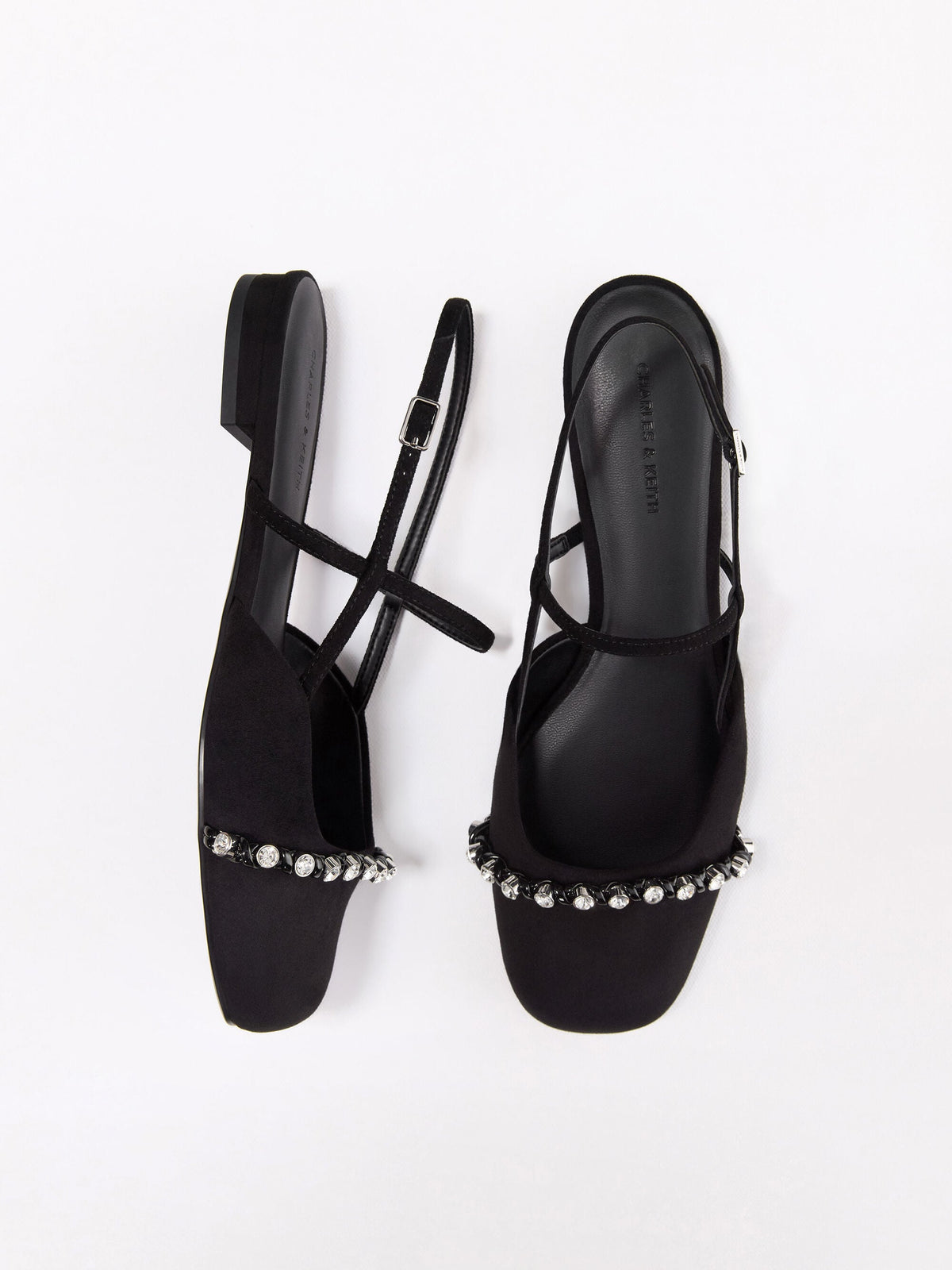 CHARLES & KEITH Quality / Faux Suede Crystal Slingback Flats - Black Textured
