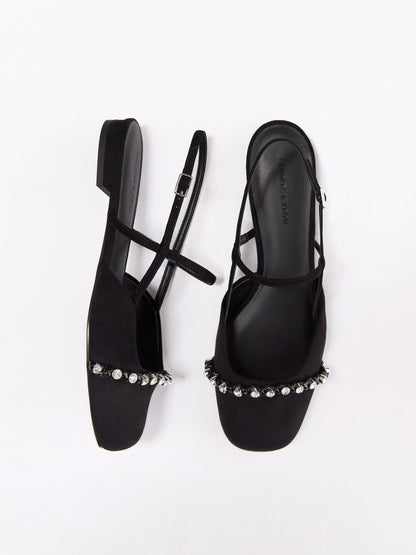 CHARLES & KEITH Quality / Faux Suede Crystal Slingback Flats - Black Textured
