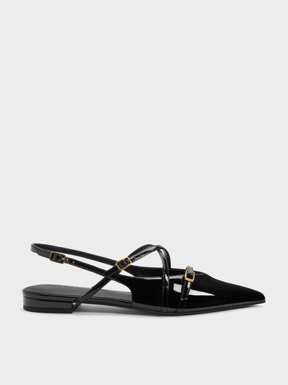 CHARLES & KEITH Recommended / Maybelle Patent Strappy Slingback Flats - Black Patent