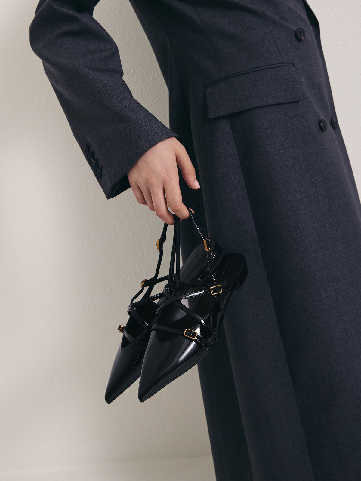 CHARLES & KEITH Recommended / Maybelle Patent Strappy Slingback Flats - Black Patent