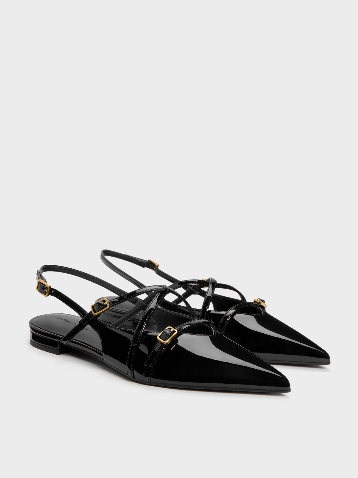 CHARLES & KEITH Recommended / Maybelle Patent Strappy Slingback Flats - Black Patent