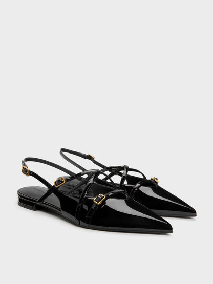 CHARLES & KEITH Recommended / Maybelle Patent Strappy Slingback Flats - Black Patent