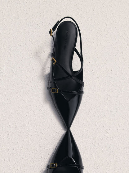 CHARLES & KEITH Recommended / Maybelle Patent Strappy Slingback Flats - Black Patent