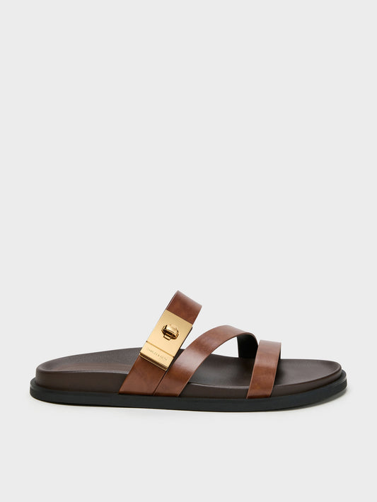 CHARLES & KEITH Everyday / Aelin Metallic-Buckle Strappy Sandals - Cognac