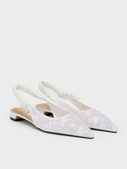 CHARLES & KEITH Trending / Tayari Embroidered-Mesh Slingback Flats - White