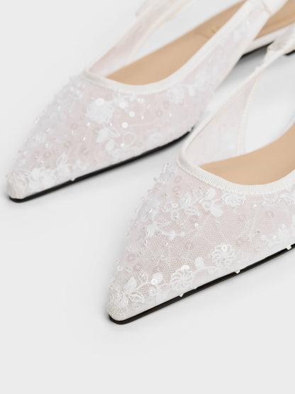 CHARLES & KEITH Trending / Tayari Embroidered-Mesh Slingback Flats - White