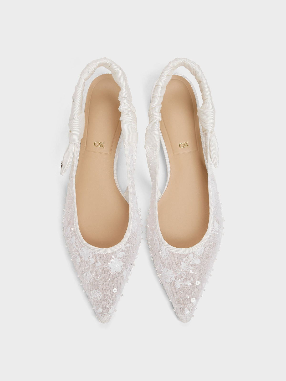 CHARLES & KEITH Trending / Tayari Embroidered-Mesh Slingback Flats - White