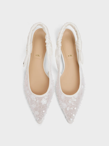 CHARLES & KEITH Trending / Tayari Embroidered-Mesh Slingback Flats - White